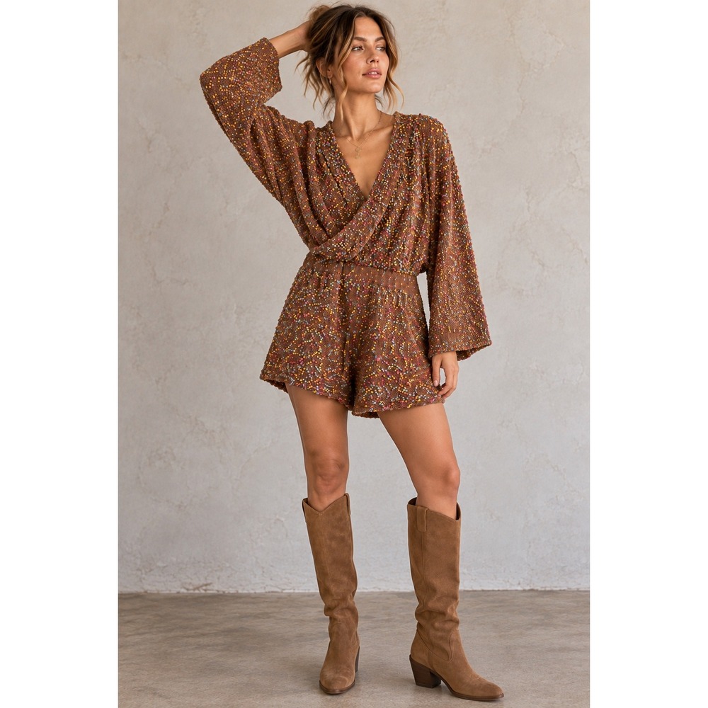 Judith March Confetti Knit Pom Pom Wrap Romper Brown Multi Color Size M